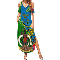 Vanuatu Malampa Day Family Matching Summer Maxi Dress and Hawaiian Shirt Coat Of Arms Mix Tropical Flowers LT14 Mom's Dress Green - Polynesian Pride
