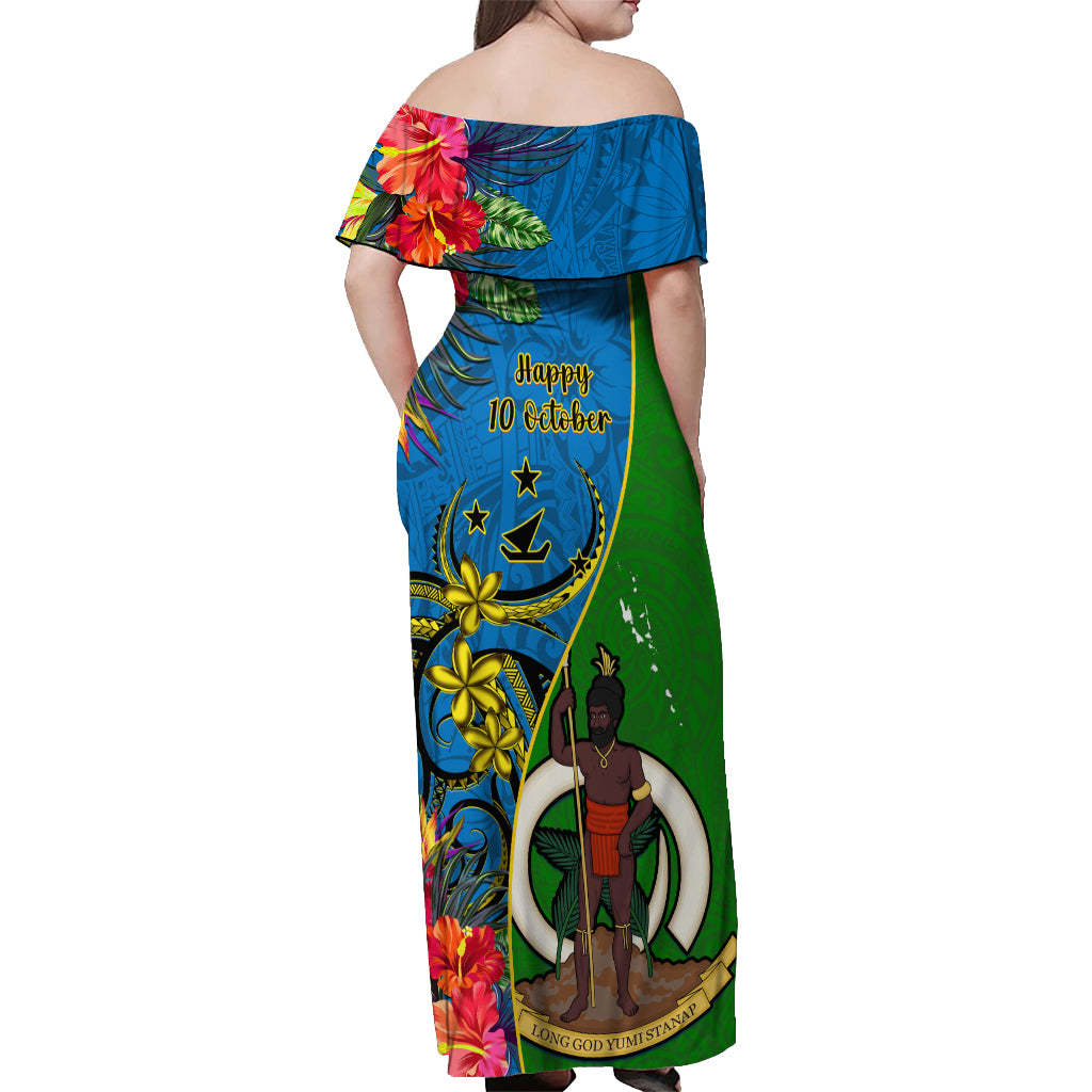 Vanuatu Malampa Day Off Shoulder Maxi Dress Coat Of Arms Mix Tropical Flowers LT14 - Polynesian Pride
