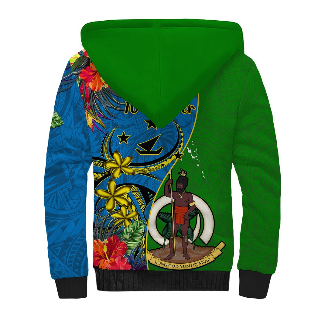 Vanuatu Malampa Day Sherpa Hoodie Coat Of Arms Mix Tropical Flowers LT14 - Polynesian Pride