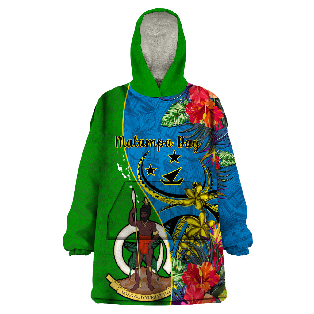 Vanuatu Malampa Day Wearable Blanket Hoodie Coat Of Arms Mix Tropical Flowers LT14 One Size Green - Polynesian Pride