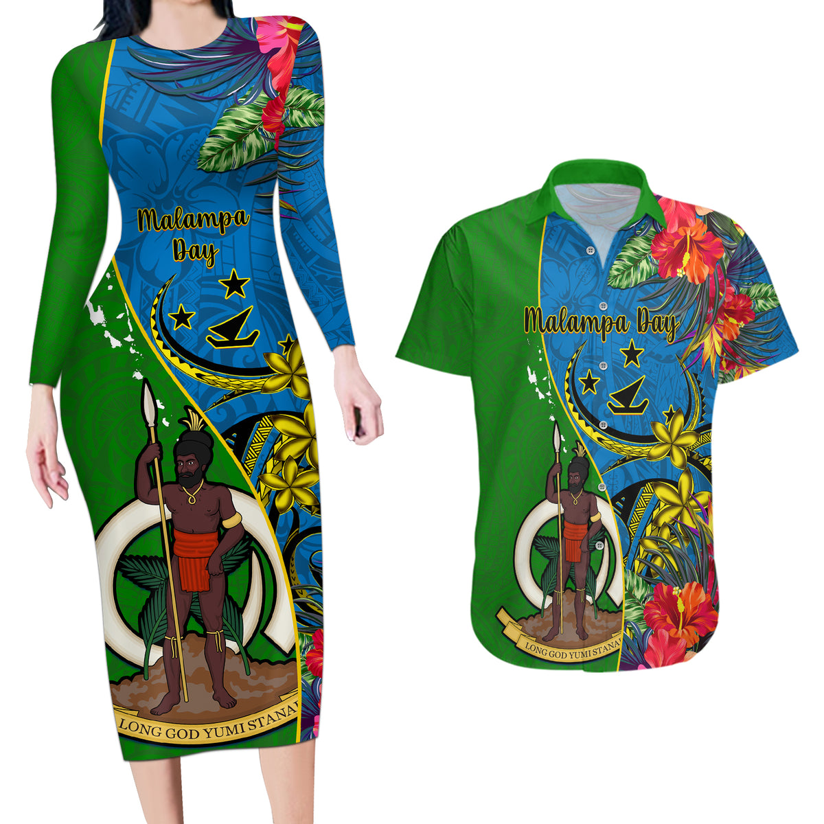 Personalised Vanuatu Malampa Day Couples Matching Long Sleeve Bodycon Dress and Hawaiian Shirt Coat Of Arms Mix Tropical Flowers LT14 Green - Polynesian Pride