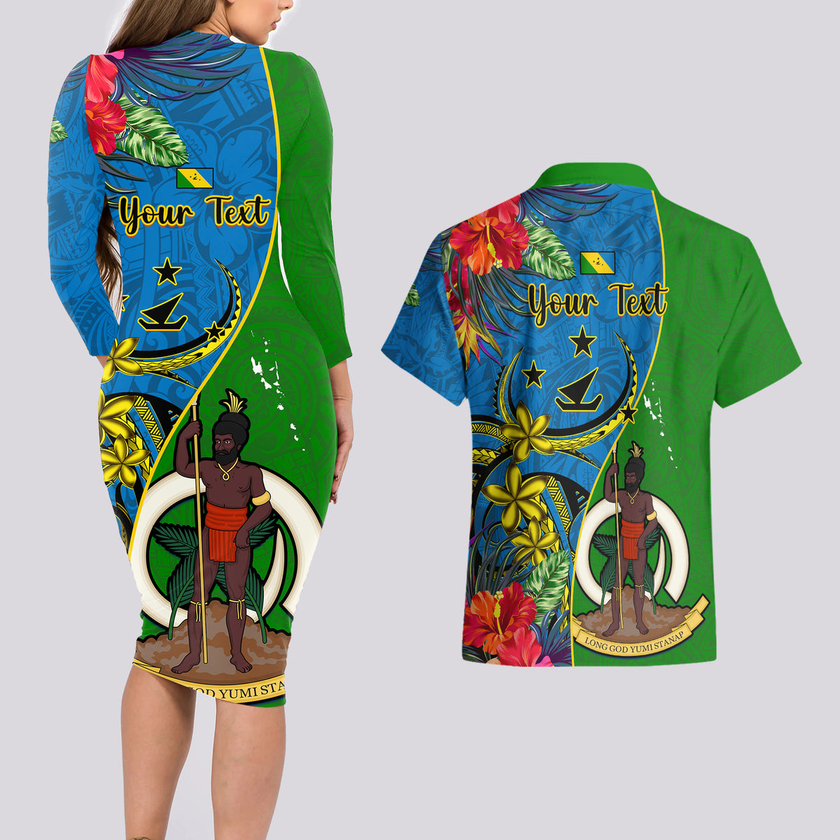 Personalised Vanuatu Malampa Day Couples Matching Long Sleeve Bodycon Dress and Hawaiian Shirt Coat Of Arms Mix Tropical Flowers LT14 - Polynesian Pride