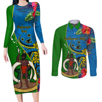 Personalised Vanuatu Malampa Day Couples Matching Long Sleeve Bodycon Dress and Long Sleeve Button Shirts Coat Of Arms Mix Tropical Flowers LT14 Green - Polynesian Pride