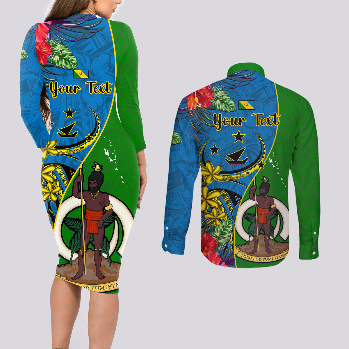 Personalised Vanuatu Malampa Day Couples Matching Long Sleeve Bodycon Dress and Long Sleeve Button Shirts Coat Of Arms Mix Tropical Flowers LT14 - Polynesian Pride