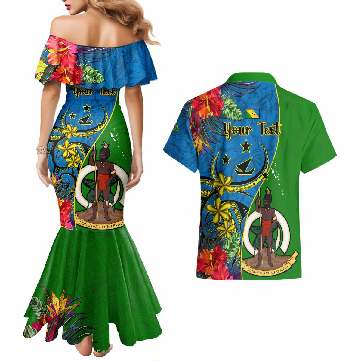 Personalised Vanuatu Malampa Day Couples Matching Mermaid Dress and Hawaiian Shirt Coat Of Arms Mix Tropical Flowers LT14 - Polynesian Pride