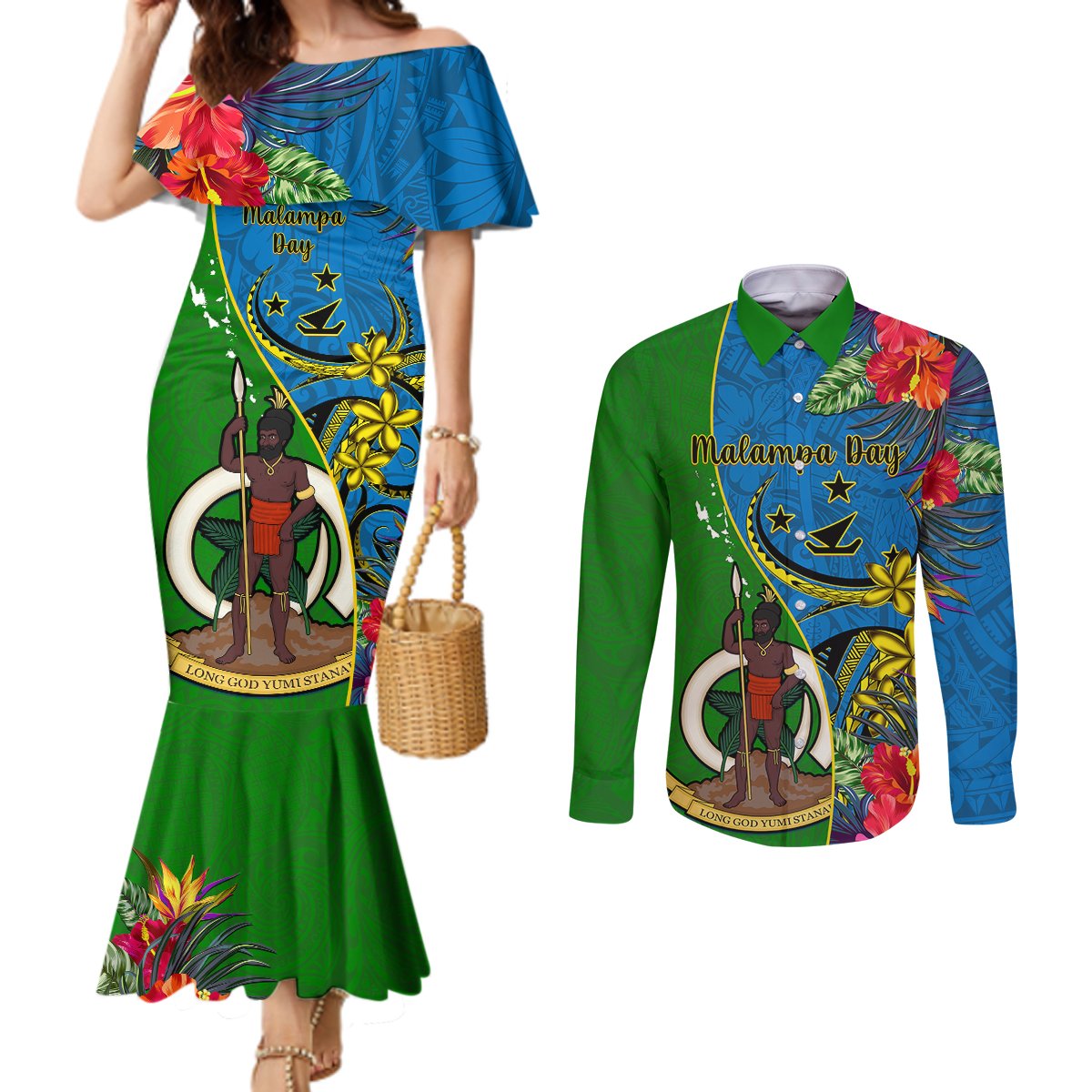 Personalised Vanuatu Malampa Day Couples Matching Mermaid Dress and Long Sleeve Button Shirts Coat Of Arms Mix Tropical Flowers LT14 Green - Polynesian Pride