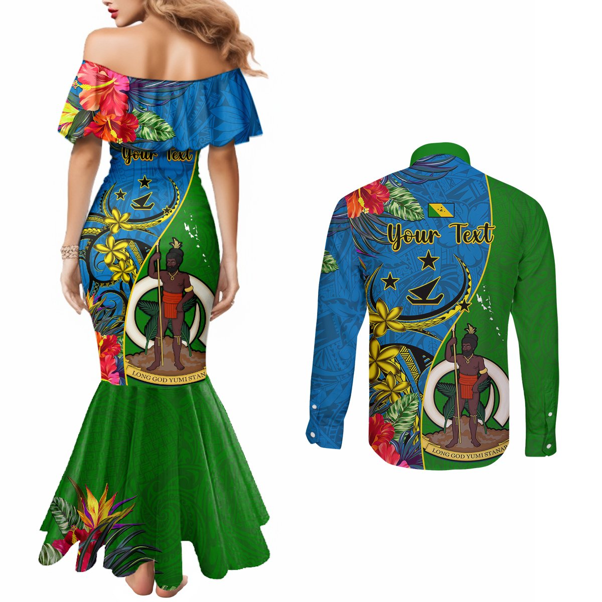 Personalised Vanuatu Malampa Day Couples Matching Mermaid Dress and Long Sleeve Button Shirts Coat Of Arms Mix Tropical Flowers LT14 - Polynesian Pride
