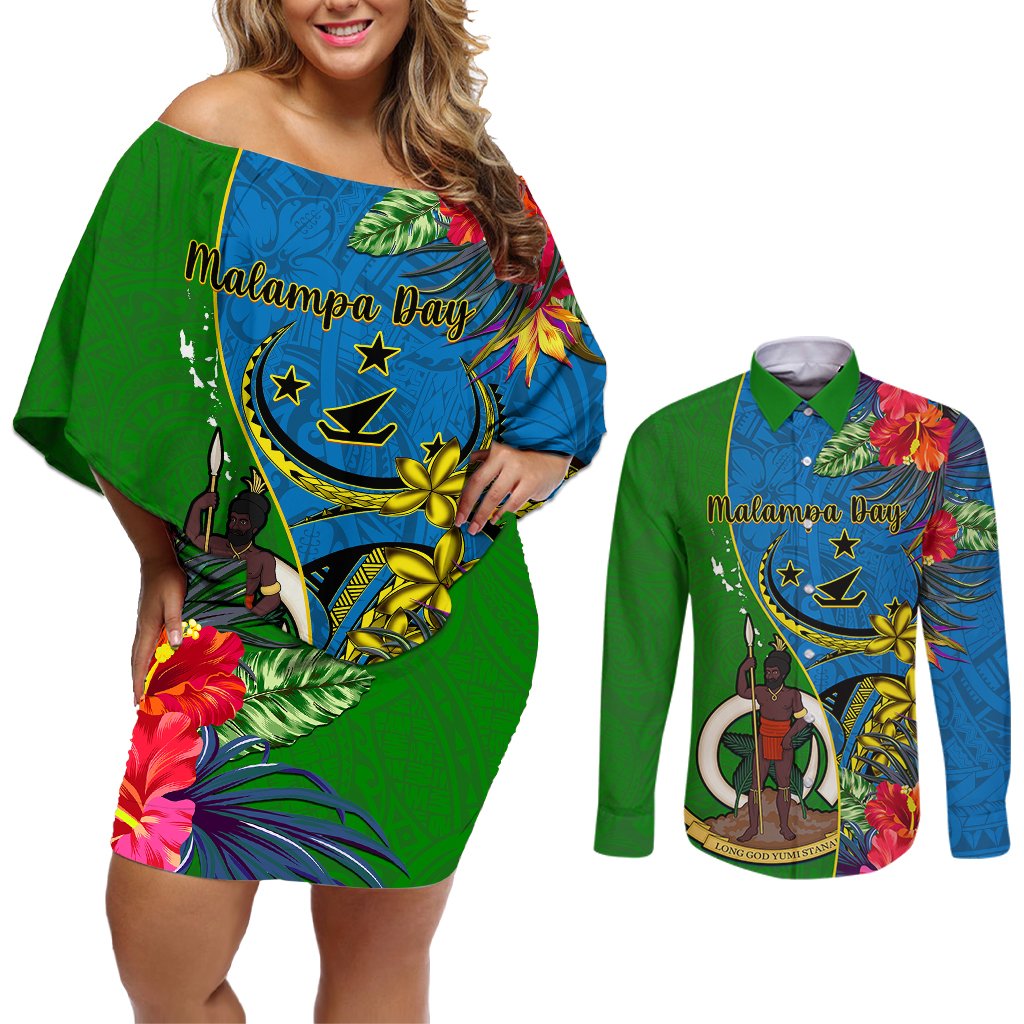 Personalised Vanuatu Malampa Day Couples Matching Off Shoulder Short Dress and Long Sleeve Button Shirts Coat Of Arms Mix Tropical Flowers LT14 Green - Polynesian Pride