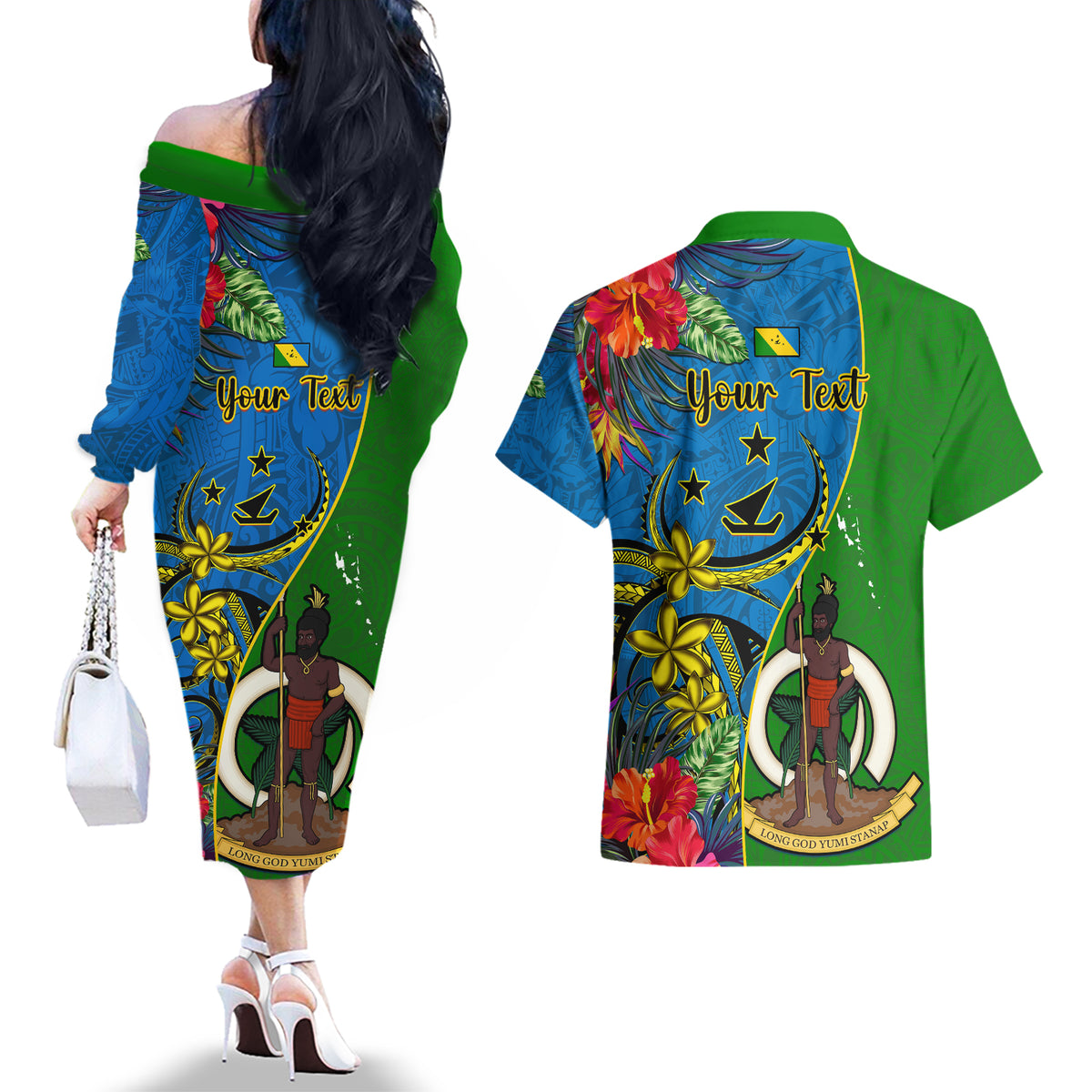 Personalised Vanuatu Malampa Day Couples Matching Off The Shoulder Long Sleeve Dress and Hawaiian Shirt Coat Of Arms Mix Tropical Flowers LT14 - Polynesian Pride
