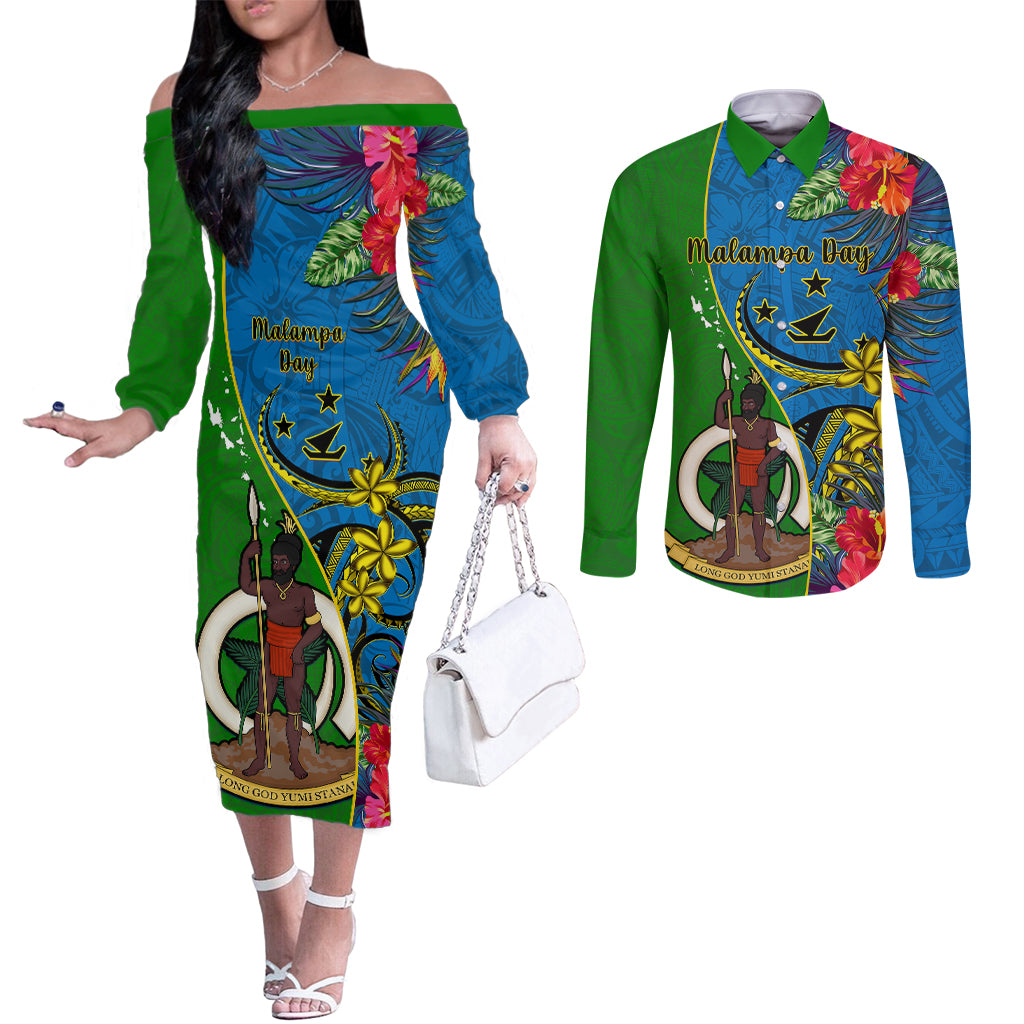 Personalised Vanuatu Malampa Day Couples Matching Off The Shoulder Long Sleeve Dress and Long Sleeve Button Shirts Coat Of Arms Mix Tropical Flowers LT14 Green - Polynesian Pride