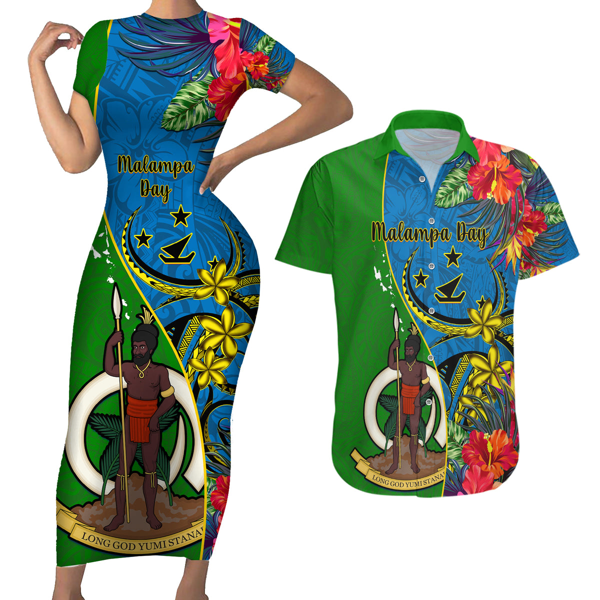 Personalised Vanuatu Malampa Day Couples Matching Short Sleeve Bodycon Dress and Hawaiian Shirt Coat Of Arms Mix Tropical Flowers LT14 Green - Polynesian Pride