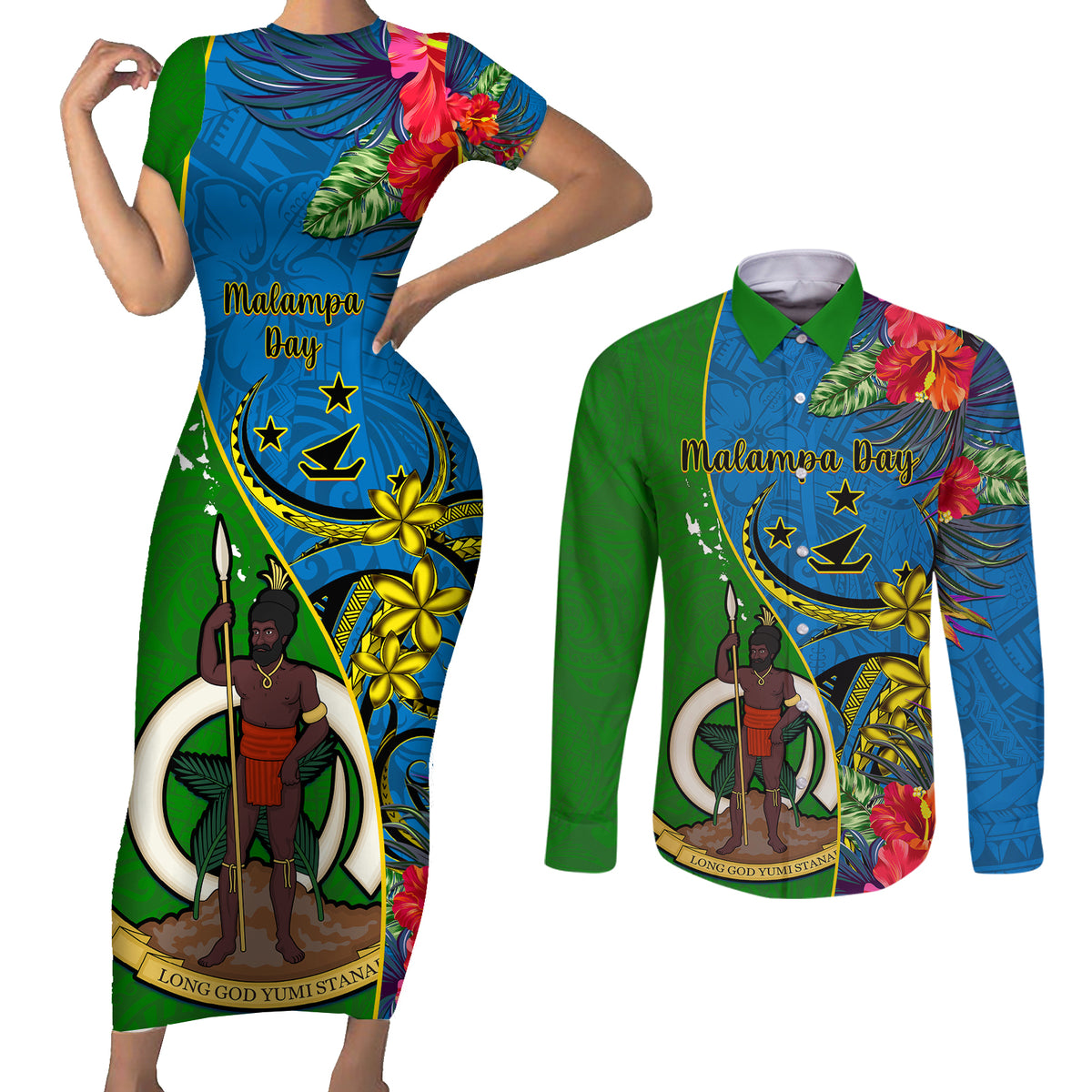 Personalised Vanuatu Malampa Day Couples Matching Short Sleeve Bodycon Dress and Long Sleeve Button Shirts Coat Of Arms Mix Tropical Flowers LT14 Green - Polynesian Pride