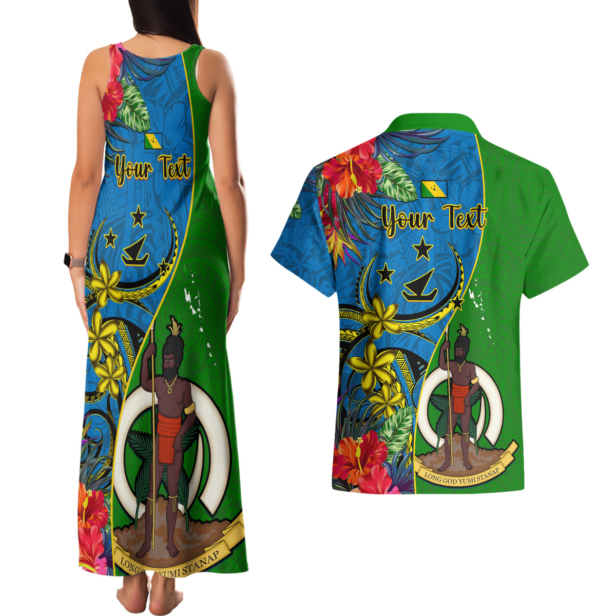 Personalised Vanuatu Malampa Day Couples Matching Tank Maxi Dress and Hawaiian Shirt Coat Of Arms Mix Tropical Flowers LT14 - Polynesian Pride