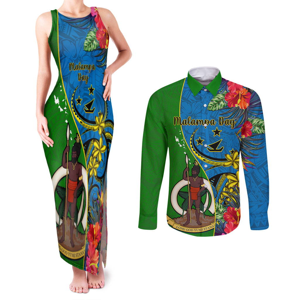 Personalised Vanuatu Malampa Day Couples Matching Tank Maxi Dress and Long Sleeve Button Shirts Coat Of Arms Mix Tropical Flowers LT14 Green - Polynesian Pride