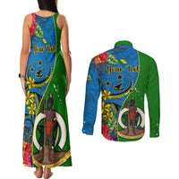 Personalised Vanuatu Malampa Day Couples Matching Tank Maxi Dress and Long Sleeve Button Shirts Coat Of Arms Mix Tropical Flowers LT14 - Polynesian Pride
