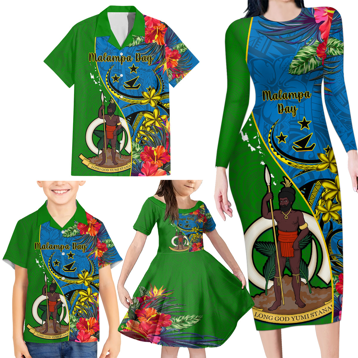 Personalised Vanuatu Malampa Day Family Matching Long Sleeve Bodycon Dress and Hawaiian Shirt Coat Of Arms Mix Tropical Flowers LT14 - Polynesian Pride