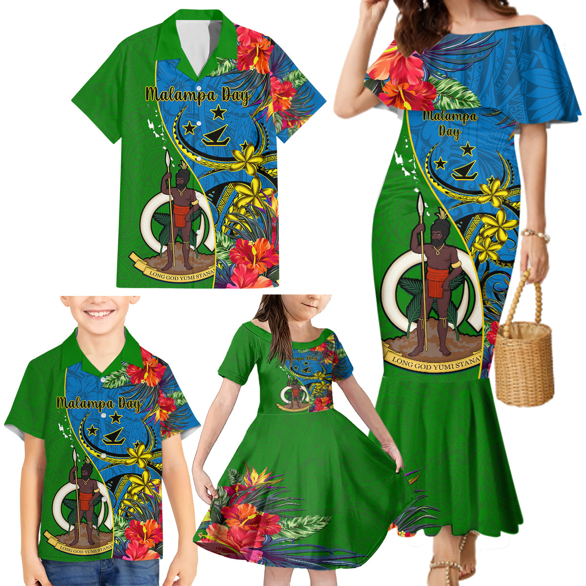 Personalised Vanuatu Malampa Day Family Matching Mermaid Dress and Hawaiian Shirt Coat Of Arms Mix Tropical Flowers LT14 - Polynesian Pride