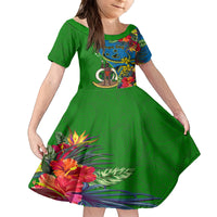 Personalised Vanuatu Malampa Day Family Matching Off Shoulder Short Dress and Hawaiian Shirt Coat Of Arms Mix Tropical Flowers LT14 Daughter's Dress Green - Polynesian Pride
