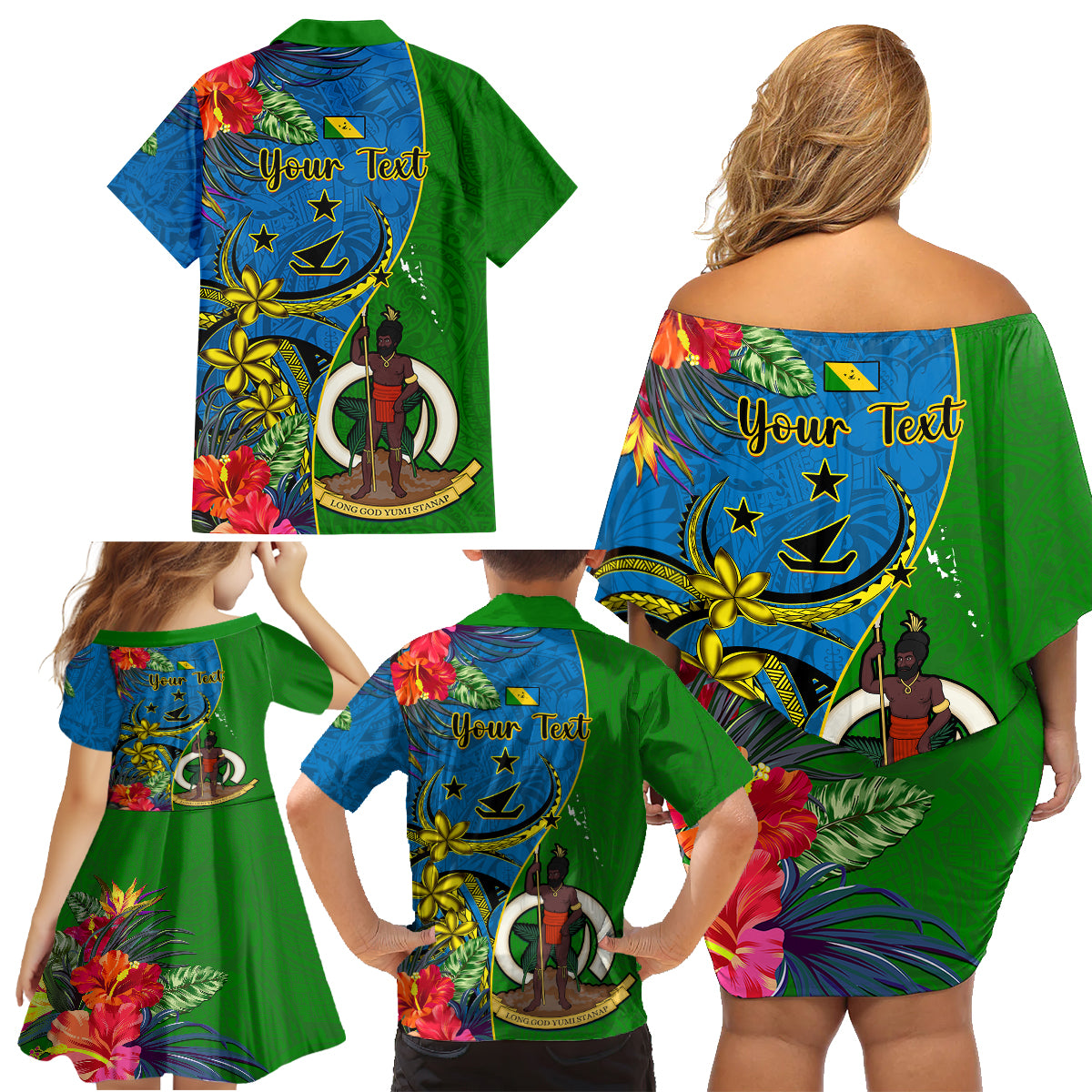 Personalised Vanuatu Malampa Day Family Matching Off Shoulder Short Dress and Hawaiian Shirt Coat Of Arms Mix Tropical Flowers LT14 - Polynesian Pride