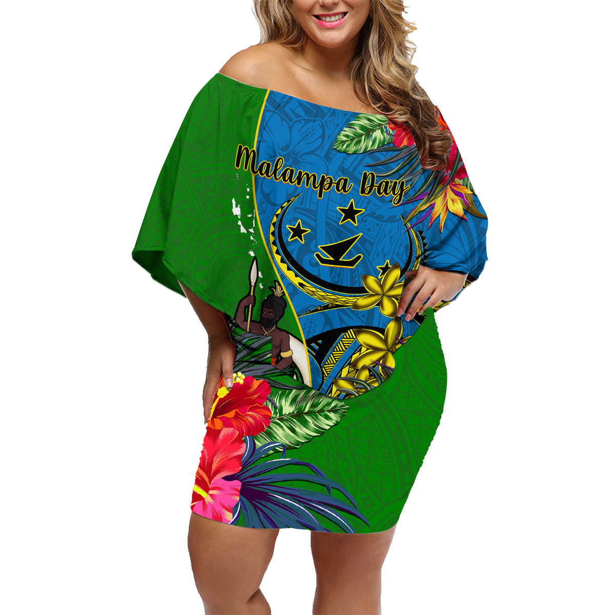 Personalised Vanuatu Malampa Day Family Matching Off Shoulder Short Dress and Hawaiian Shirt Coat Of Arms Mix Tropical Flowers LT14 Mom's Dress Green - Polynesian Pride