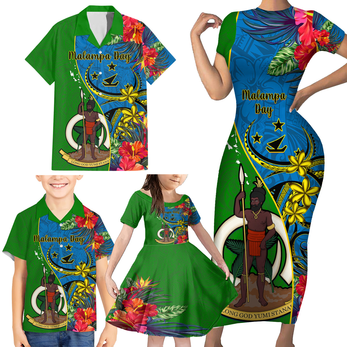 Personalised Vanuatu Malampa Day Family Matching Short Sleeve Bodycon Dress and Hawaiian Shirt Coat Of Arms Mix Tropical Flowers LT14 - Polynesian Pride