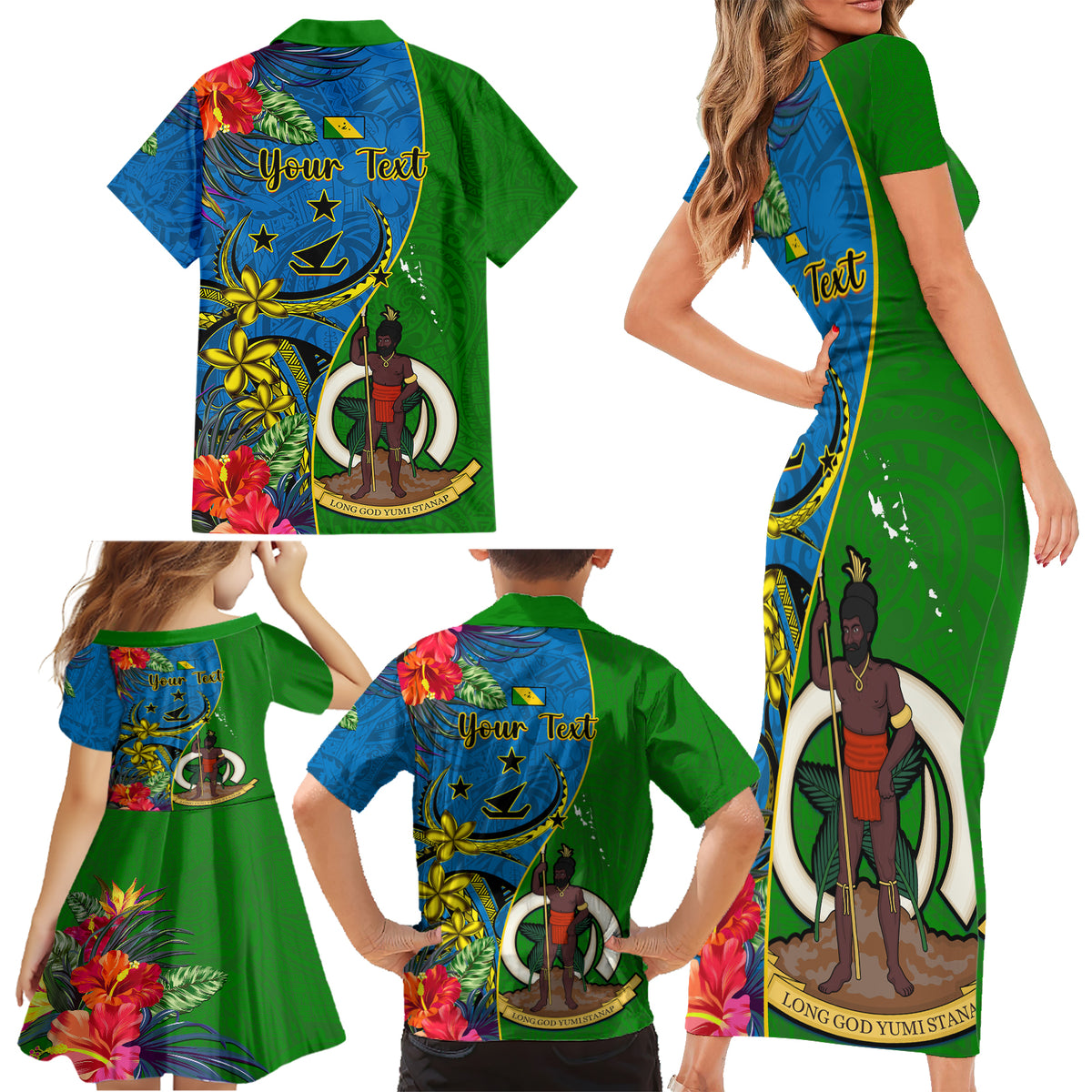 Personalised Vanuatu Malampa Day Family Matching Short Sleeve Bodycon Dress and Hawaiian Shirt Coat Of Arms Mix Tropical Flowers LT14 - Polynesian Pride