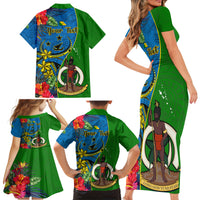 Personalised Vanuatu Malampa Day Family Matching Short Sleeve Bodycon Dress and Hawaiian Shirt Coat Of Arms Mix Tropical Flowers LT14 - Polynesian Pride