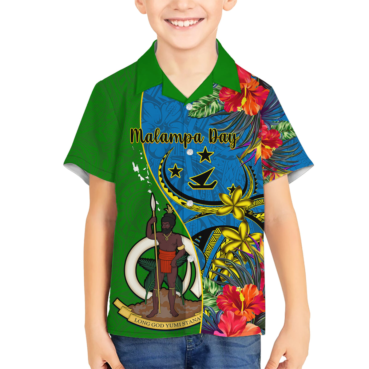 Personalised Vanuatu Malampa Day Family Matching Short Sleeve Bodycon Dress and Hawaiian Shirt Coat Of Arms Mix Tropical Flowers LT14 Son's Shirt Green - Polynesian Pride