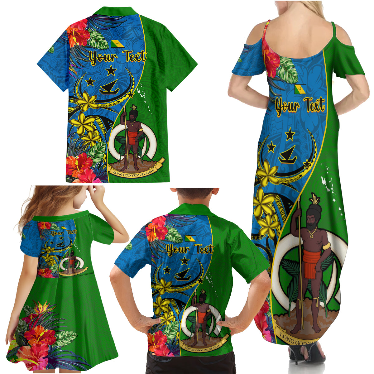 Personalised Vanuatu Malampa Day Family Matching Summer Maxi Dress and Hawaiian Shirt Coat Of Arms Mix Tropical Flowers LT14 - Polynesian Pride