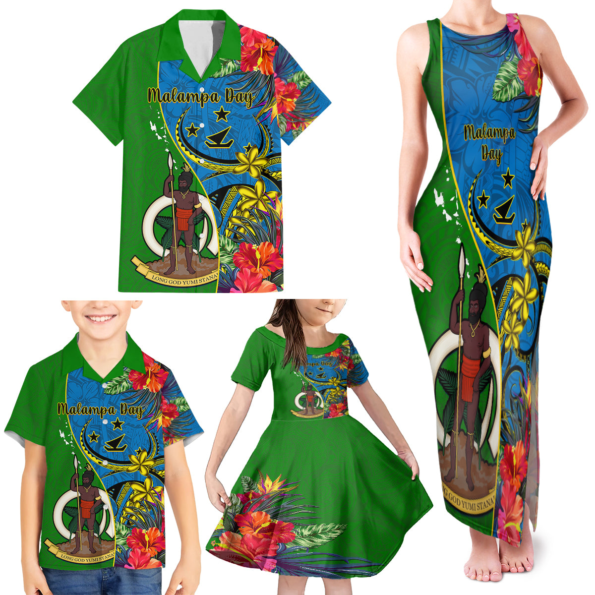 Personalised Vanuatu Malampa Day Family Matching Tank Maxi Dress and Hawaiian Shirt Coat Of Arms Mix Tropical Flowers LT14 - Polynesian Pride