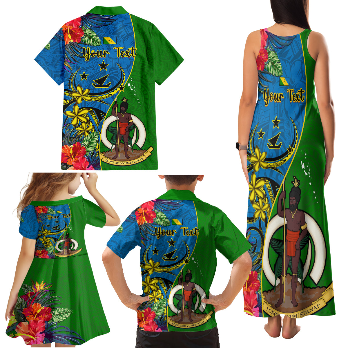 Personalised Vanuatu Malampa Day Family Matching Tank Maxi Dress and Hawaiian Shirt Coat Of Arms Mix Tropical Flowers LT14 - Polynesian Pride