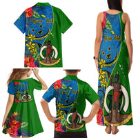 Personalised Vanuatu Malampa Day Family Matching Tank Maxi Dress and Hawaiian Shirt Coat Of Arms Mix Tropical Flowers LT14 - Polynesian Pride