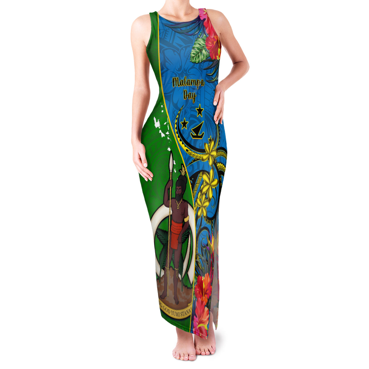Personalised Vanuatu Malampa Day Family Matching Tank Maxi Dress and Hawaiian Shirt Coat Of Arms Mix Tropical Flowers LT14 Mom's Dress Green - Polynesian Pride
