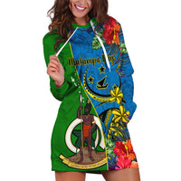 Personalised Vanuatu Malampa Day Hoodie Dress Coat Of Arms Mix Tropical Flowers LT14 Green - Polynesian Pride