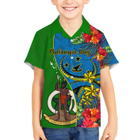 Personalised Vanuatu Malampa Day Kid Hawaiian Shirt Coat Of Arms Mix Tropical Flowers LT14 Kid Green - Polynesian Pride
