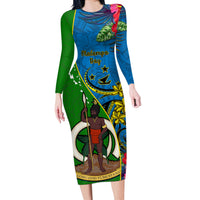 Personalised Vanuatu Malampa Day Long Sleeve Bodycon Dress Coat Of Arms Mix Tropical Flowers LT14 Long Dress Green - Polynesian Pride