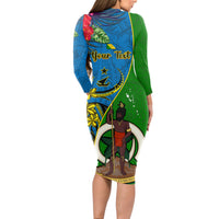 Personalised Vanuatu Malampa Day Long Sleeve Bodycon Dress Coat Of Arms Mix Tropical Flowers LT14 - Polynesian Pride