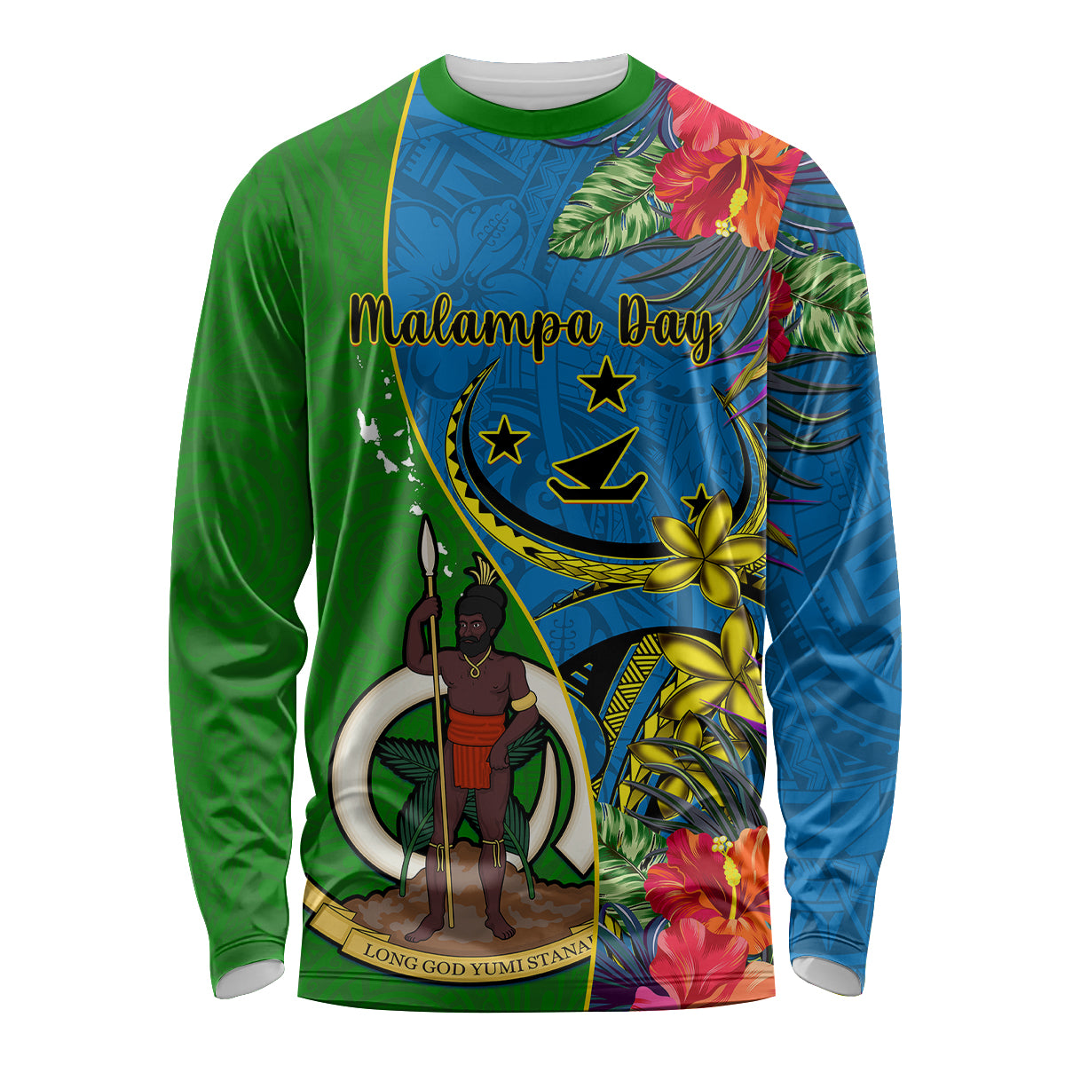 Personalised Vanuatu Malampa Day Long Sleeve Shirt Coat Of Arms Mix Tropical Flowers LT14 Unisex Green - Polynesian Pride