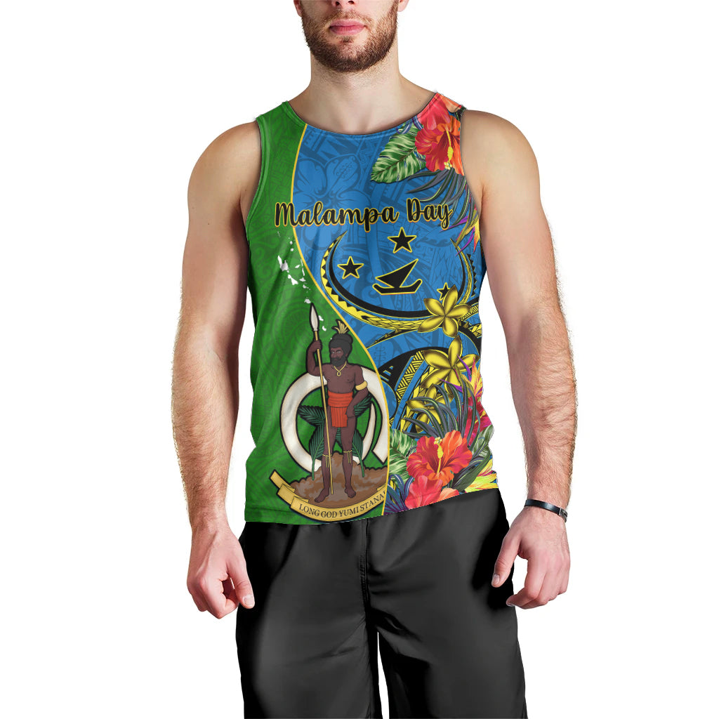 Personalised Vanuatu Malampa Day Men Tank Top Coat Of Arms Mix Tropical Flowers LT14 - Polynesian Pride