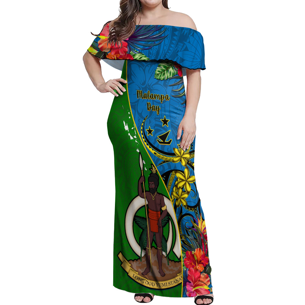 Personalised Vanuatu Malampa Day Off Shoulder Maxi Dress Coat Of Arms Mix Tropical Flowers LT14 Women Green - Polynesian Pride