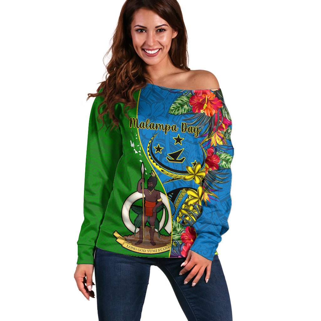 personalised-vanuatu-malampa-day-off-shoulder-sweater-coat-of-arms-mix-tropical-flowers