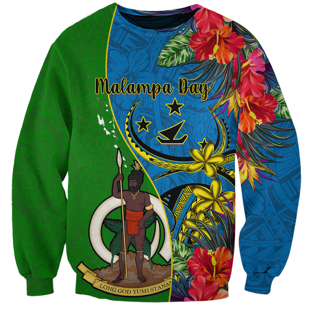 Personalised Vanuatu Malampa Day Sweatshirt Coat Of Arms Mix Tropical Flowers LT14 Unisex Green - Polynesian Pride