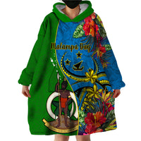 Personalised Vanuatu Malampa Day Wearable Blanket Hoodie Coat Of Arms Mix Tropical Flowers LT14 - Polynesian Pride