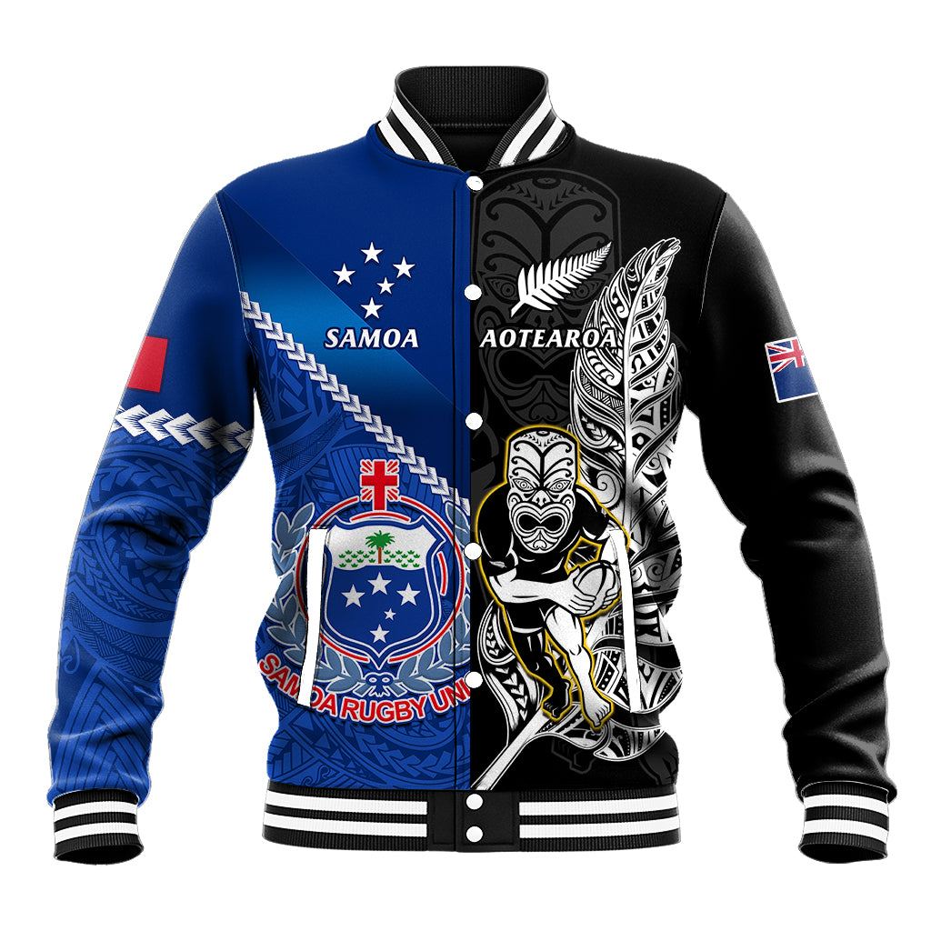 New Zealand And Samoa Rugby Baseball Jacket All Black Tiki Fern Mix Manu Samoa 2023 World Cup LT14 Unisex Black - Polynesian Pride