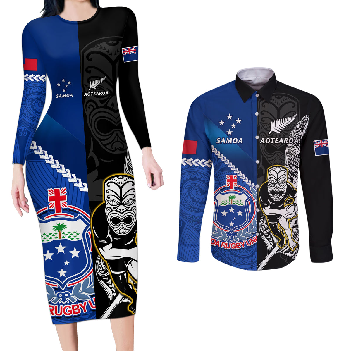 New Zealand And Samoa Rugby Couples Matching Long Sleeve Bodycon Dress and Long Sleeve Button Shirts All Black Tiki Fern Mix Manu Samoa 2023 World Cup LT14 Black - Polynesian Pride