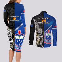 New Zealand And Samoa Rugby Couples Matching Long Sleeve Bodycon Dress and Long Sleeve Button Shirts All Black Tiki Fern Mix Manu Samoa 2023 World Cup LT14 - Polynesian Pride