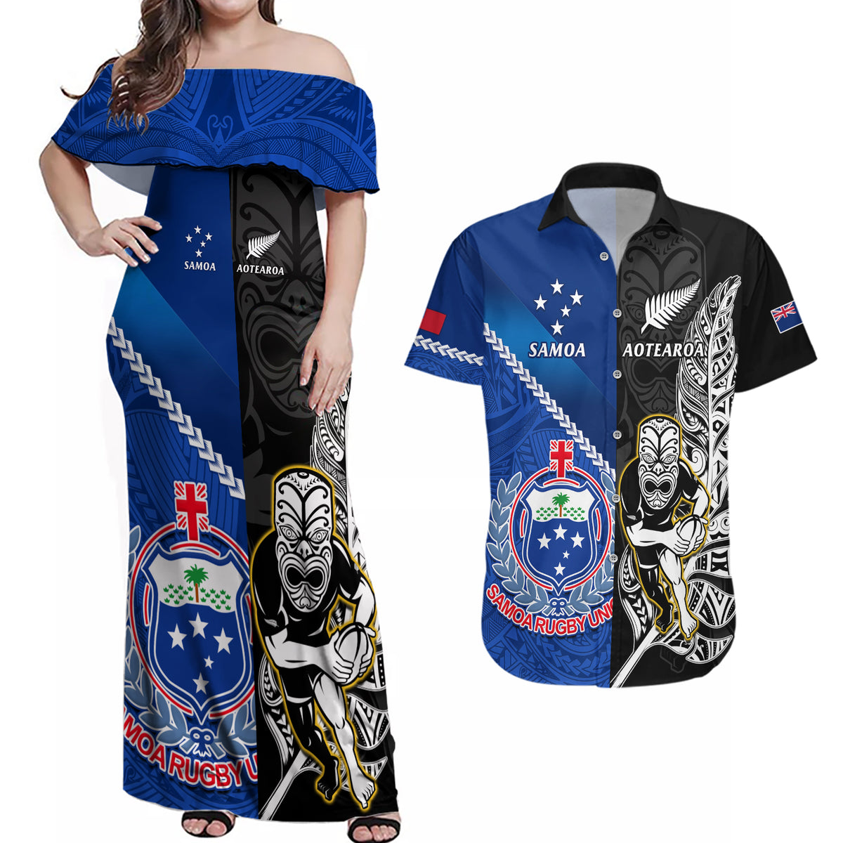New Zealand And Samoa Rugby Couples Matching Off Shoulder Maxi Dress and Hawaiian Shirt All Black Tiki Fern Mix Manu Samoa 2023 World Cup LT14 Black - Polynesian Pride