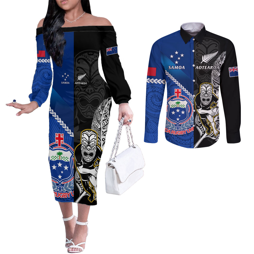 New Zealand And Samoa Rugby Couples Matching Off The Shoulder Long Sleeve Dress and Long Sleeve Button Shirts All Black Tiki Fern Mix Manu Samoa 2023 World Cup LT14 Black - Polynesian Pride