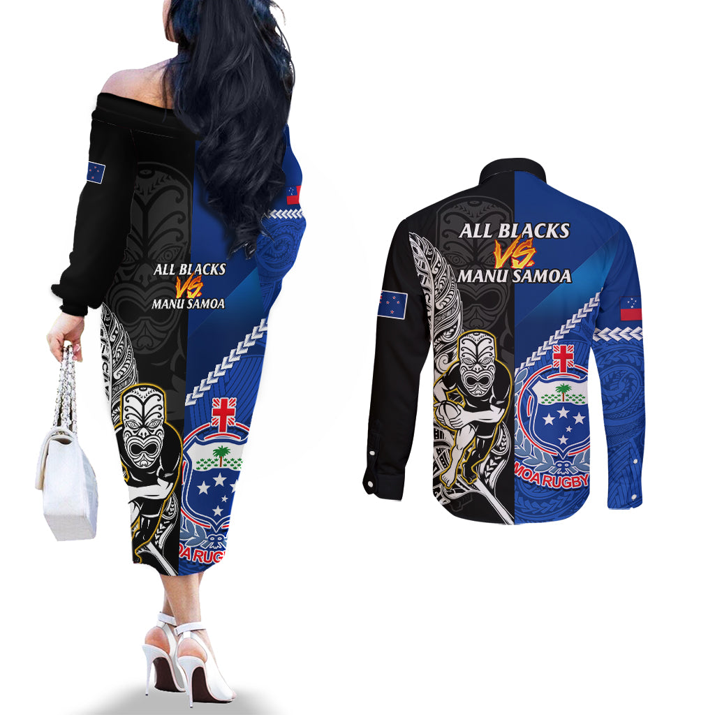 New Zealand And Samoa Rugby Couples Matching Off The Shoulder Long Sleeve Dress and Long Sleeve Button Shirts All Black Tiki Fern Mix Manu Samoa 2023 World Cup LT14 - Polynesian Pride