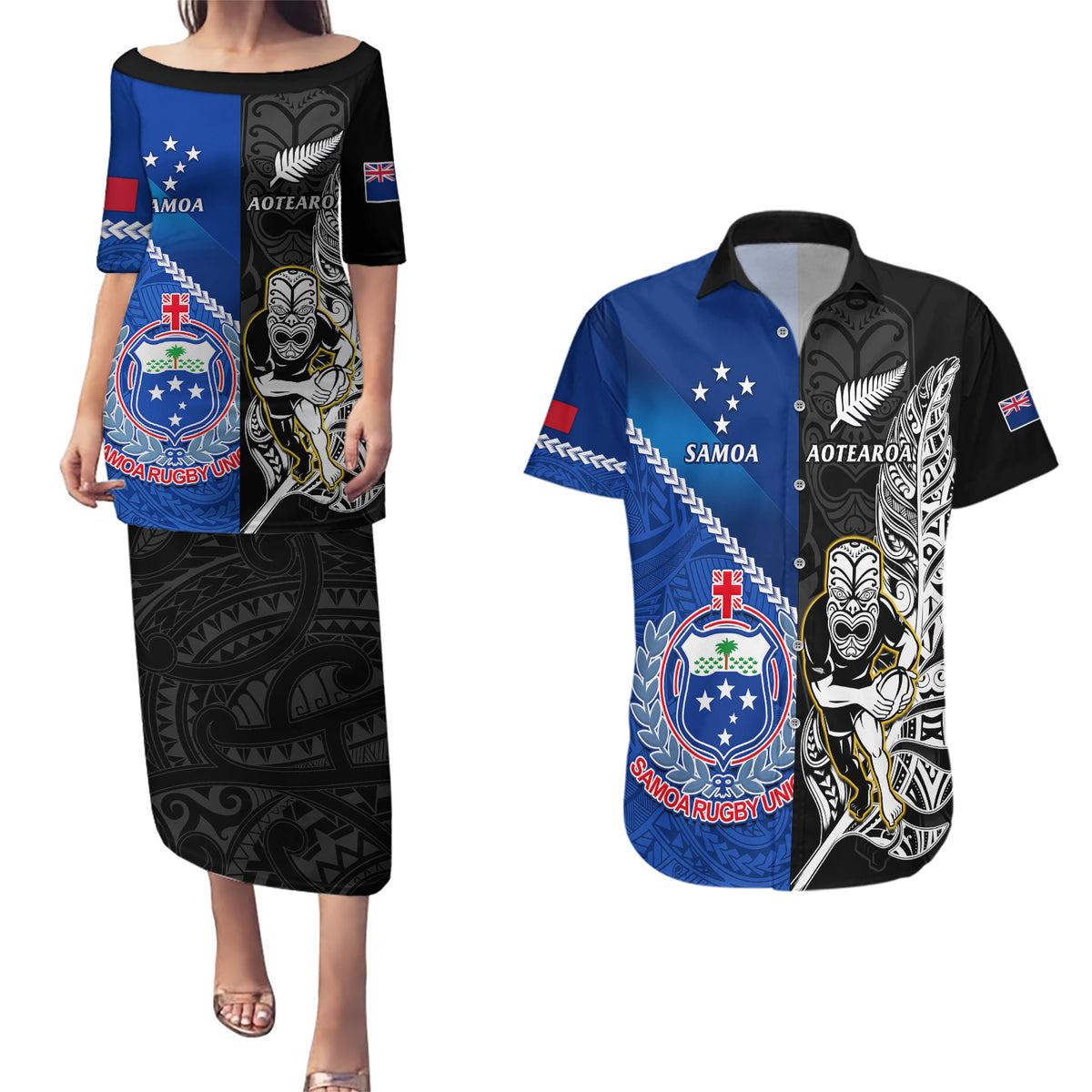 New Zealand And Samoa Rugby Couples Matching Puletasi Dress and Hawaiian Shirt All Black Tiki Fern Mix Manu Samoa 2023 World Cup LT14 Black - Polynesian Pride